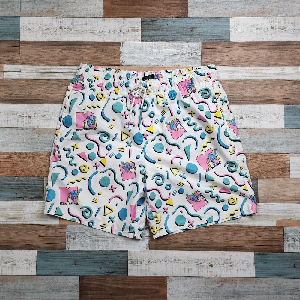 MTV Mens Retro 90s Memphis Print Swim Trunks‎ White Geometric Mesh Lined Large